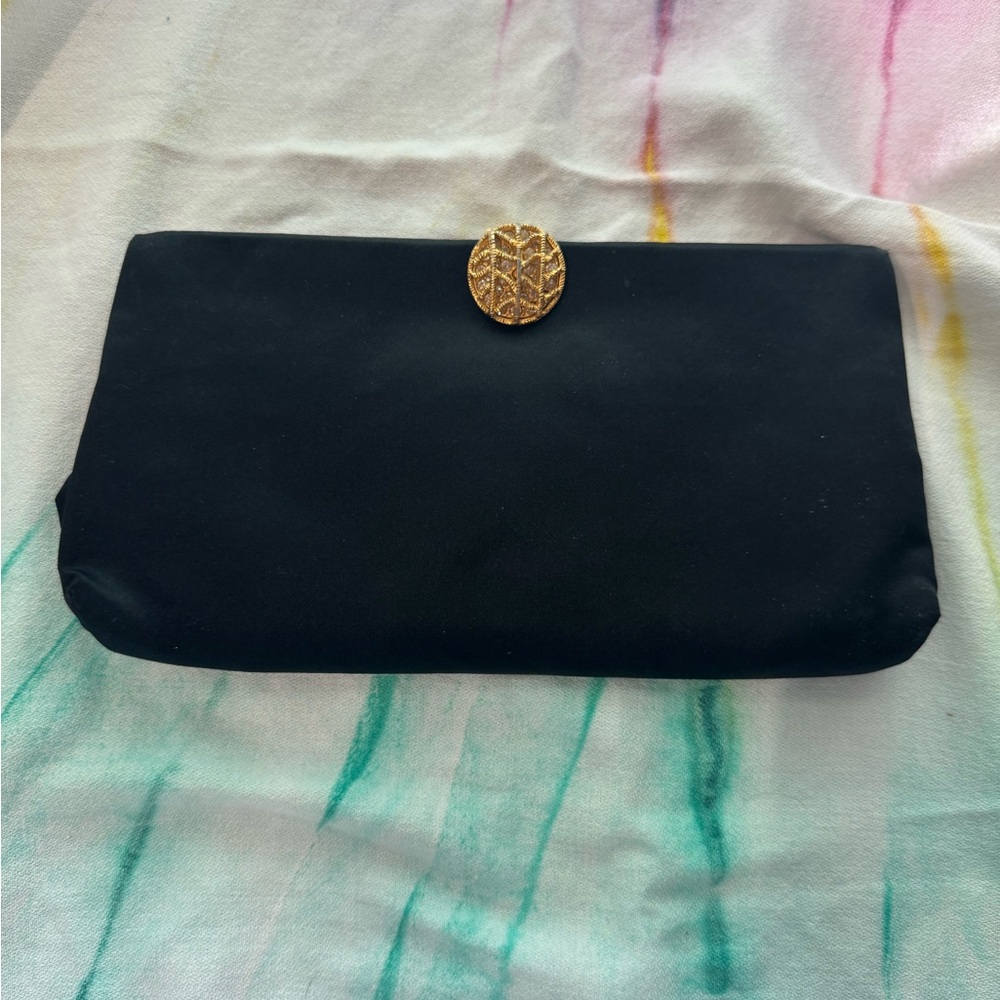Vintage Garay Pure Silk Classic Black Evening Clutch with Gold Accent